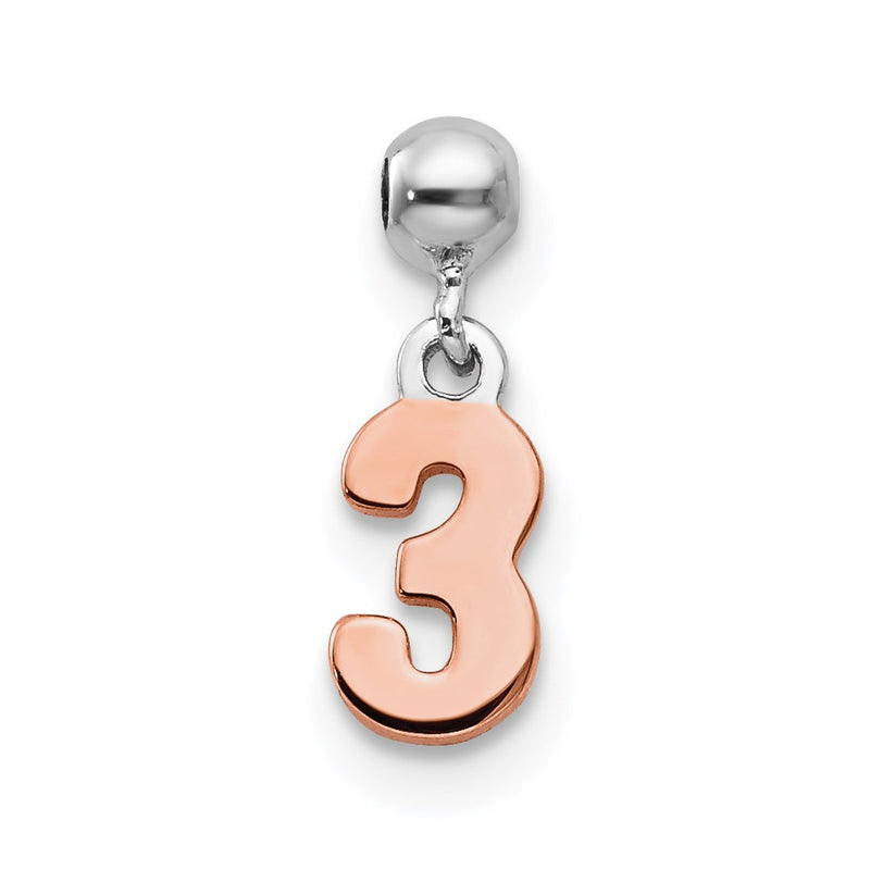 Sterling Silver Mio Memento Rhodium-Plated Rose-Tone Dangle Number 3 Charm