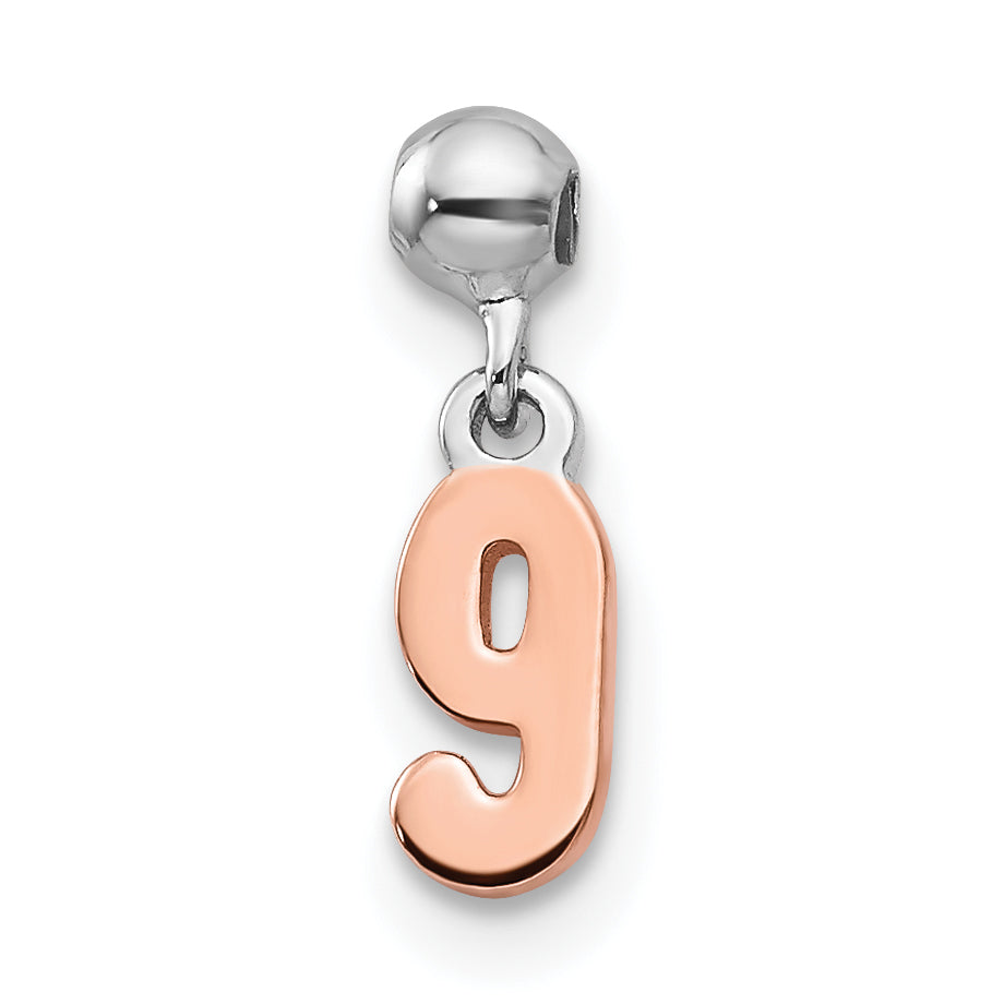 Sterling Silver Mio Memento Rhodium-Plated Rose-Tone Dangle Number 9 Charm