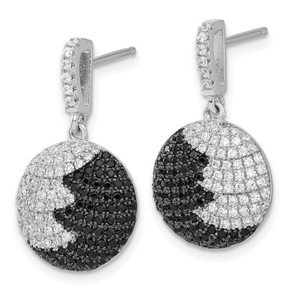 Sterling Silver Black & Clear Cz True Fire Circle Dangle Post Earrings
