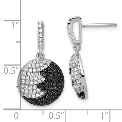 Sterling Silver Black & Clear Cz True Fire Circle Dangle Post Earrings