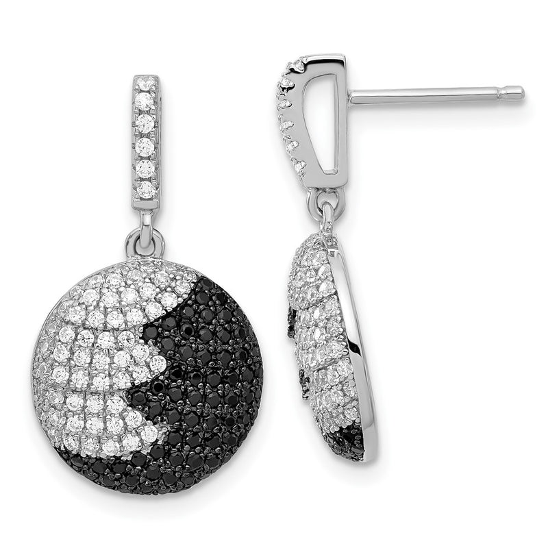 Sterling Silver Black & Clear Cz True Fire Circle Dangle Post Earrings