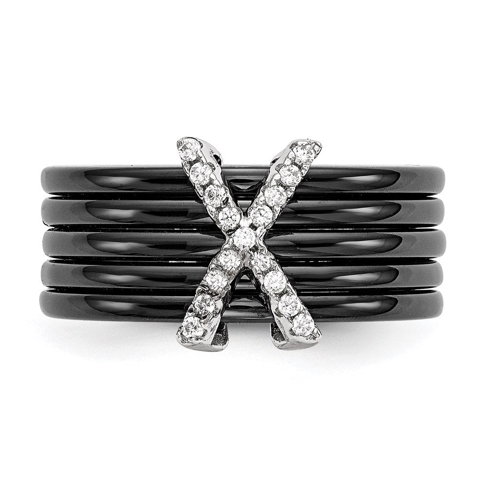 Sterling Silver Brilliant Embers Rhodium-Plated 17 Stone Micro Pav Cz X Ceramic Ring
