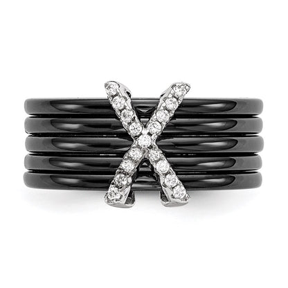 Sterling Silver Brilliant Embers Rhodium-Plated 17 Stone Micro Pav Cz X Ceramic Ring
