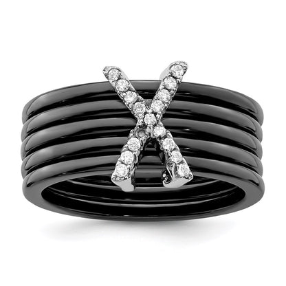 Sterling Silver Brilliant Embers Rhodium-Plated 17 Stone Micro Pav Cz X Ceramic Ring