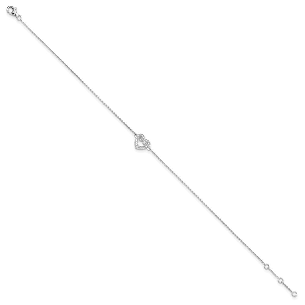 Sterling Silver Brilliant Embers Rhodium-Plated 23 Stone 9 Inch Micro Pav Cz Heart Anklet With 1 Extender
