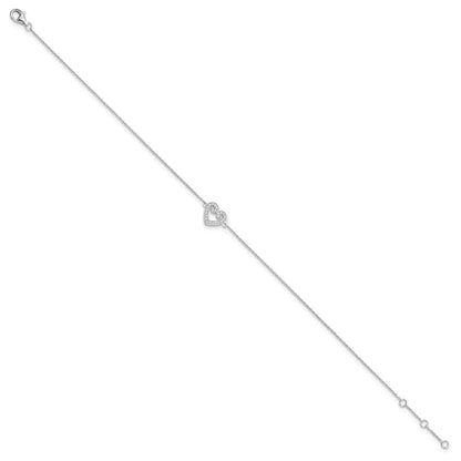 Sterling Silver Brilliant Embers Rhodium-Plated 23 Stone 9 Inch Micro Pav Cz Heart Anklet With 1 Extender