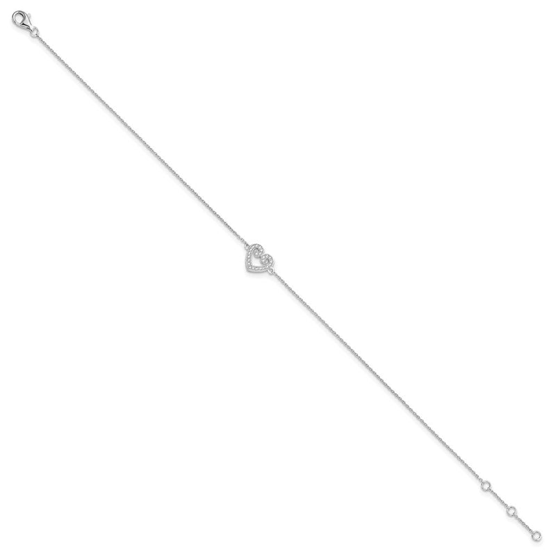 Sterling Silver Brilliant Embers Rhodium-Plated 23 Stone 9 Inch Micro Pav Cz Heart Anklet With 1 Extender