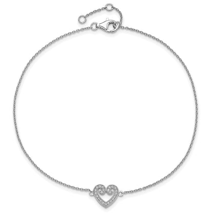 Sterling Silver Brilliant Embers Rhodium-Plated 23 Stone 9 Inch Micro Pav Cz Heart Anklet With 1 Extender