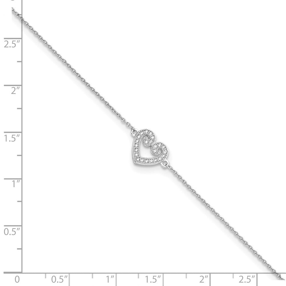 Sterling Silver Brilliant Embers Rhodium-Plated 23 Stone 9 Inch Micro Pav Cz Heart Anklet With 1 Extender
