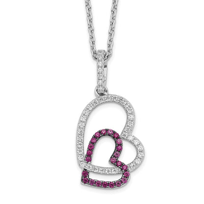 Sterling Silver Brilliant Embers Rhodium-Plated 62 Stone 18 Inch Micro Pav Red And White Cz Heart Necklace With 2 Extender