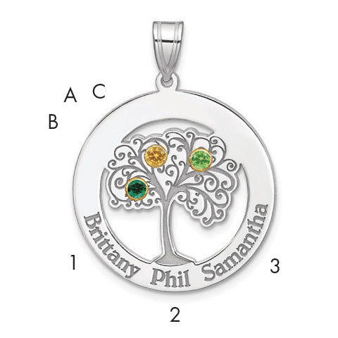 Sterling Silver Silver/Rhod-Plated 3 Birthstone With 14K Bezel Family Pendant