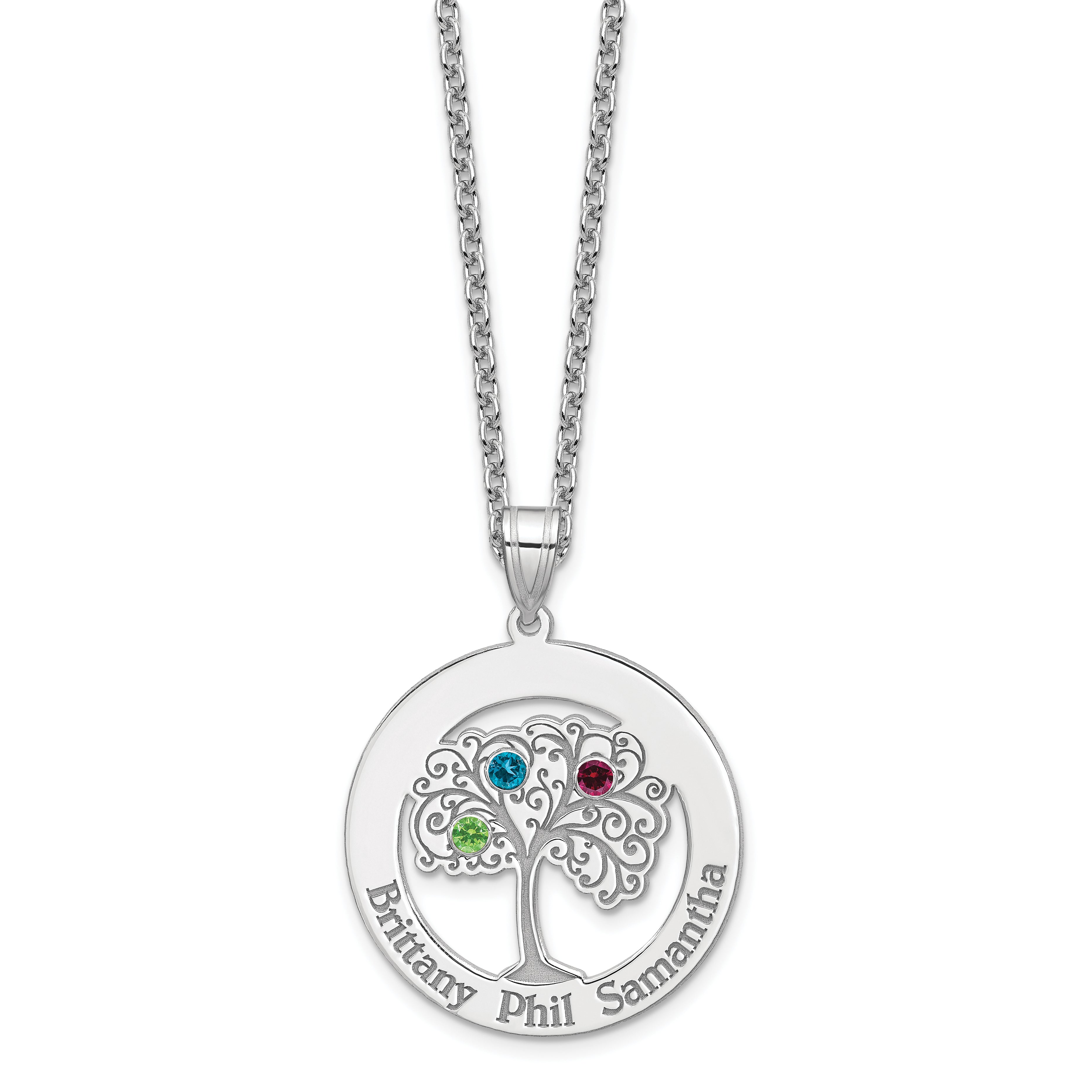 Sterling Silver Silver/Rhodium-Plated 3 Birthstone With Ss Bezel Family Pendant