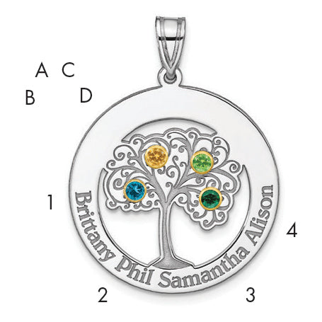 Sterling Silver Silver/Rhod-Plated 4 Birthstone With 14K Bezel Family Pendant
