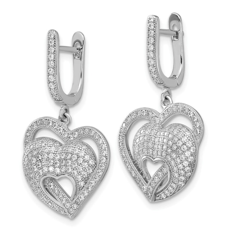 Sterling Silver Brilliant Embers Cz Hearts Hinged Post Dangle Earrings