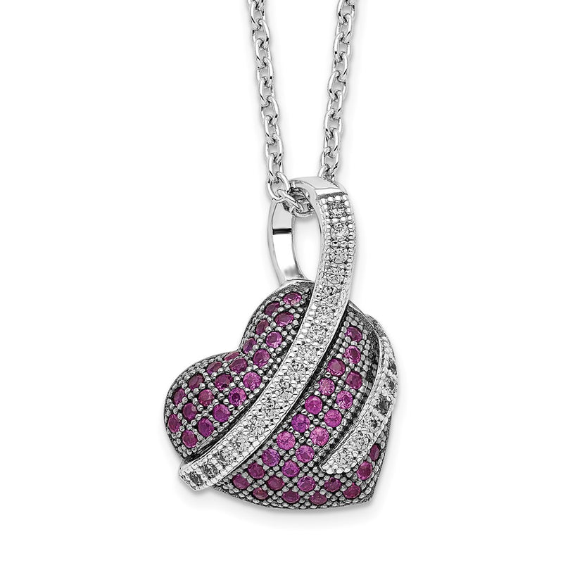 Sterling Silver Brilliant Embers Rhodium-Plated 68 Stone 18 Inch Micro Pav Pink And White Cz Heart Necklace With 2 Extender