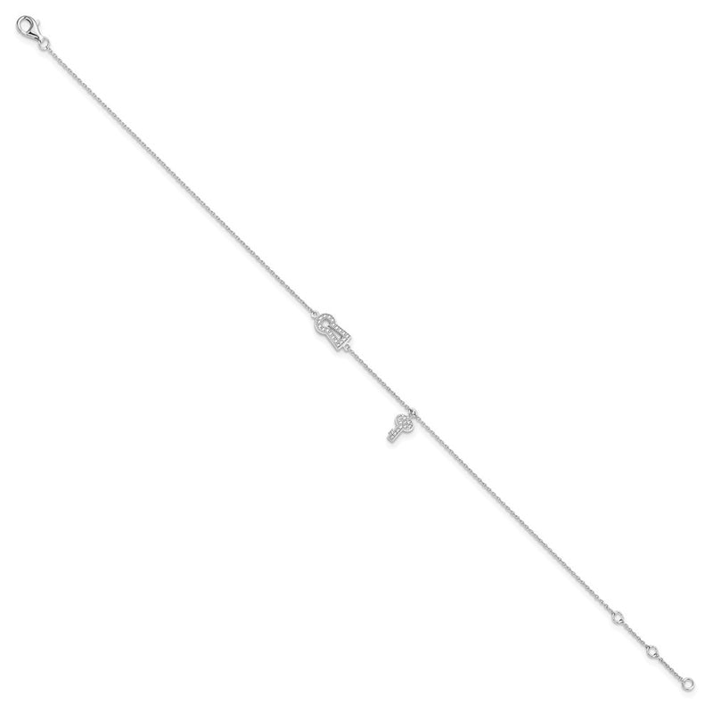 Sterling Silver Brilliant Embers Rhodium-Plated 30 Stone 9 Inch Micro Pav Cz Lock Key Anklet With 1 Extender