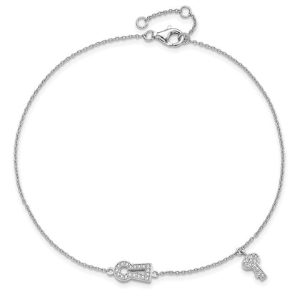 Sterling Silver Brilliant Embers Rhodium-Plated 30 Stone 9 Inch Micro Pav Cz Lock Key Anklet With 1 Extender