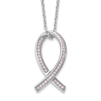 Sterling Silver Brilliant Embers Rhodium-Plated 38 Stone 18 Inch Micro Pav Pink Cz Awareness Ribbon Necklace With 2 Extender