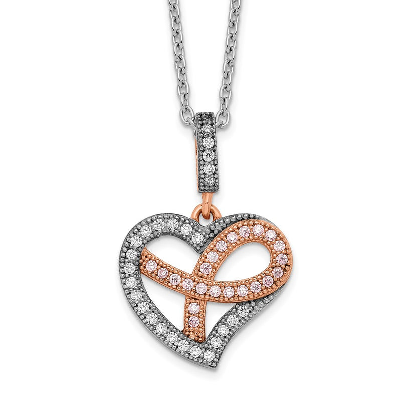 Ss/Gold Plated Brilliant Embers Sterling Silver Rose Gold-Plated Rhodium-Plated 49 Stone 18 Inch Micro Pav Cz Polished Heart Necklace With 2 Extender
