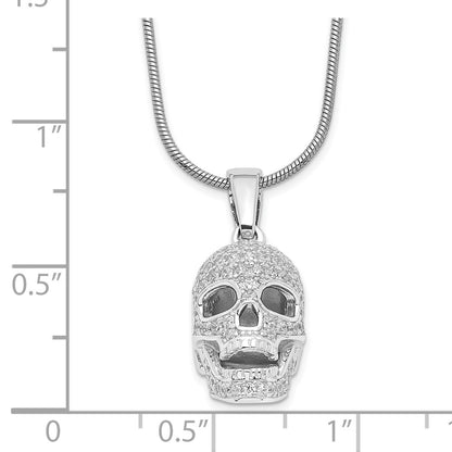 Sterling Silver Brilliant Embers Rhodium-Plated 88 Stone 18 Inch Micro Pav Cz Polished Skull Necklace With 2 Extender