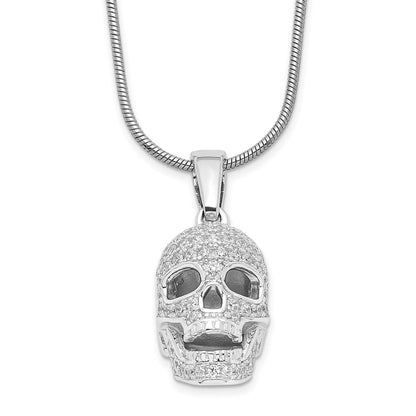 Sterling Silver Brilliant Embers Rhodium-Plated 88 Stone 18 Inch Micro Pav Cz Polished Skull Necklace With 2 Extender