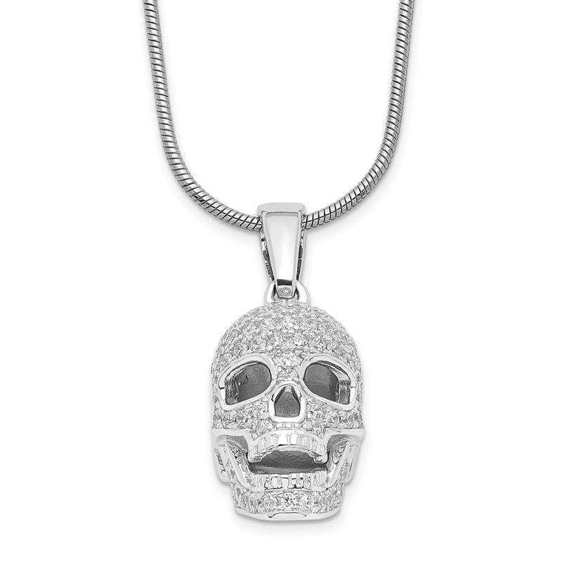 Sterling Silver Brilliant Embers Rhodium-Plated 88 Stone 18 Inch Micro Pav Cz Polished Skull Necklace With 2 Extender
