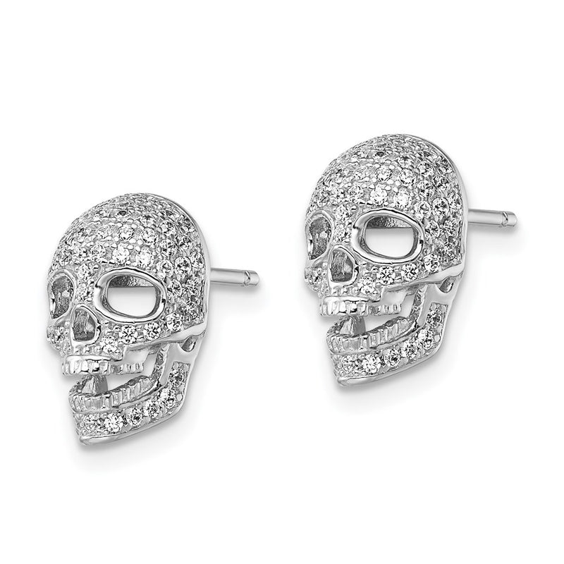 Sterling Silver Brilliant Embers Rhodium-Plated 140 Stone Micro Pav Cz Polished Skull Post Earrings