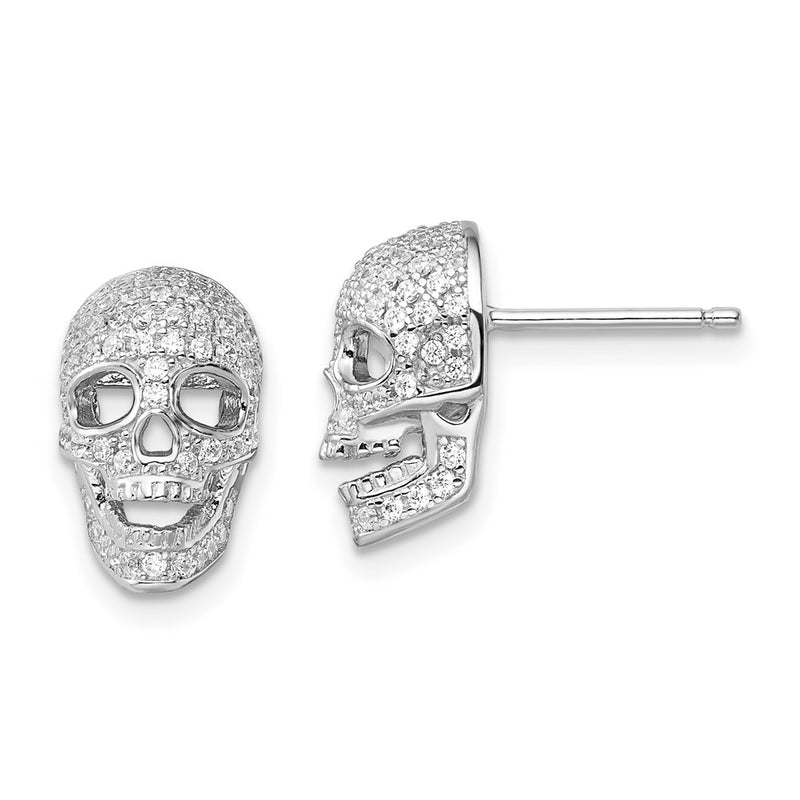 Sterling Silver Brilliant Embers Rhodium-Plated 140 Stone Micro Pav Cz Polished Skull Post Earrings