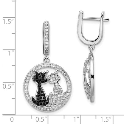 Sterling Silver Brilliant Embers Rhodium-Plated 194 Stone Black And White Cz Cat Dangle Hinged Hoop Earrings