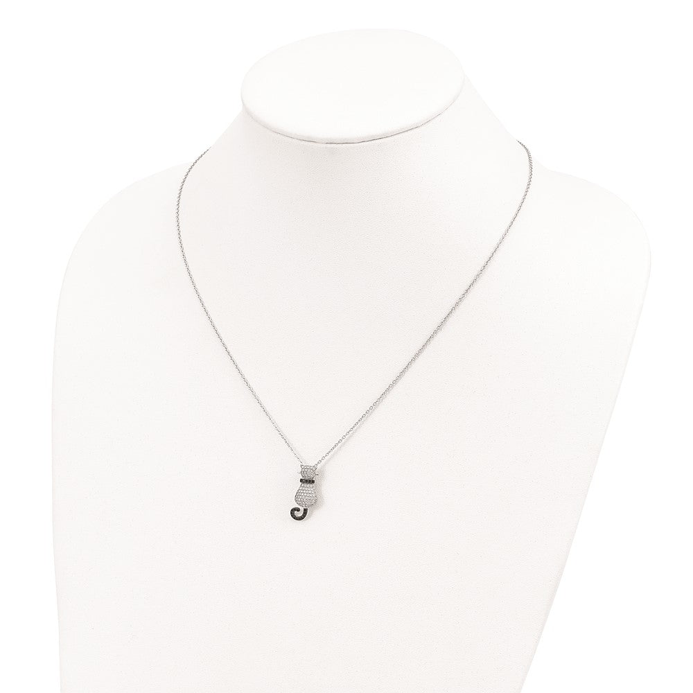 Sterling Silver Brilliant Embers Rhodium-Plated 80 Stone 18 Inch Micro Pav Black And White Cz Polished Cat Necklace With 2 Extender