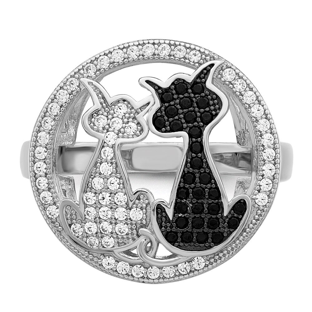 Sterling Silver Brilliant Embers Rhodium-Plated 87 Stone Micro Pav Black And White Cz Polished Cat Ring