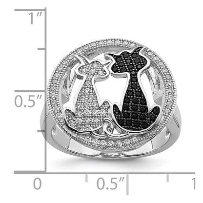 Sterling Silver Brilliant Embers Rhodium-Plated 87 Stone Micro Pav Black And White Cz Polished Cat Ring