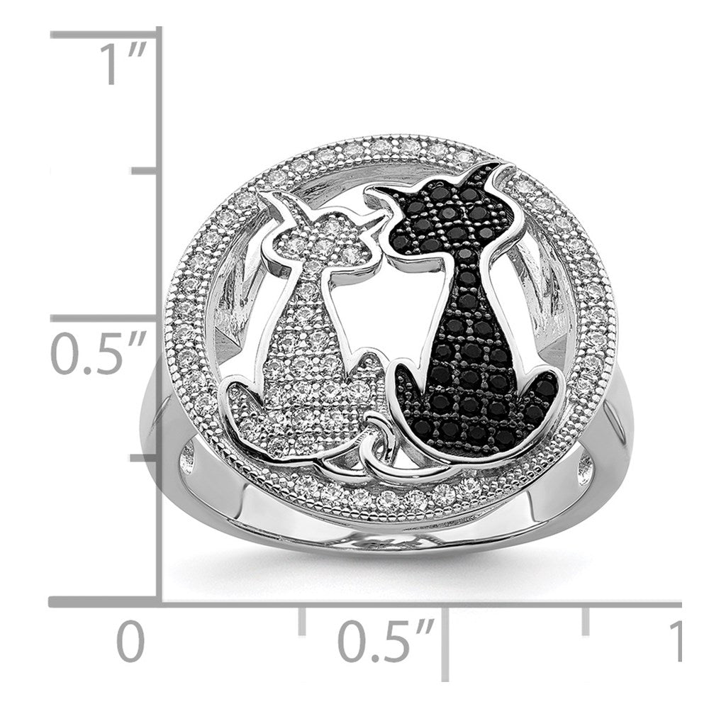 Sterling Silver Brilliant Embers Rhodium-Plated 87 Stone Micro Pav Black And White Cz Polished Cat Ring