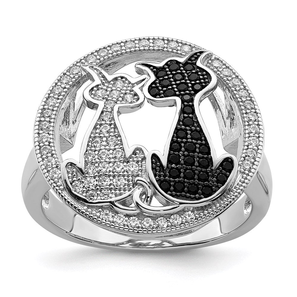 Sterling Silver Brilliant Embers Rhodium-Plated 87 Stone Micro Pav Black And White Cz Polished Cat Ring