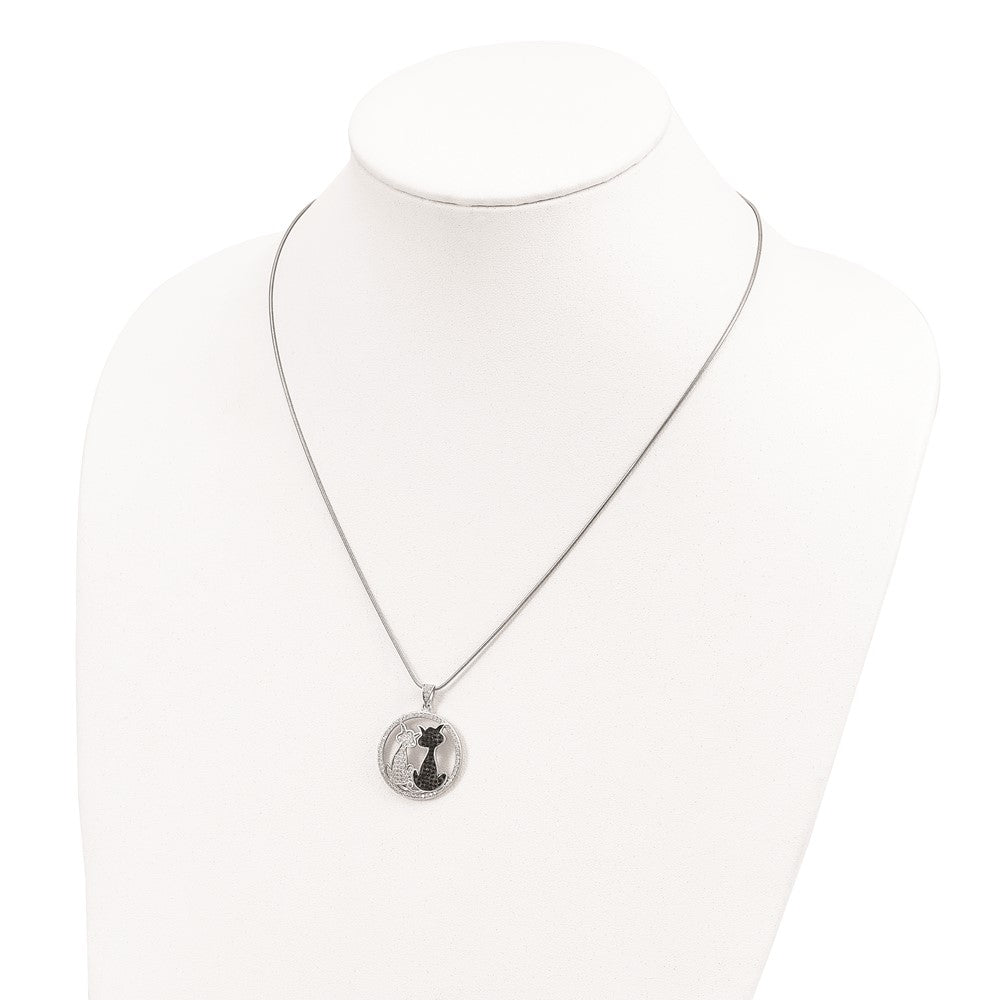 Sterling Silver Brilliant Embers Rhodium-Plated 155 Stone 18 Inch Micro Pav Black And White Cz Cat Necklace With 2 Extender