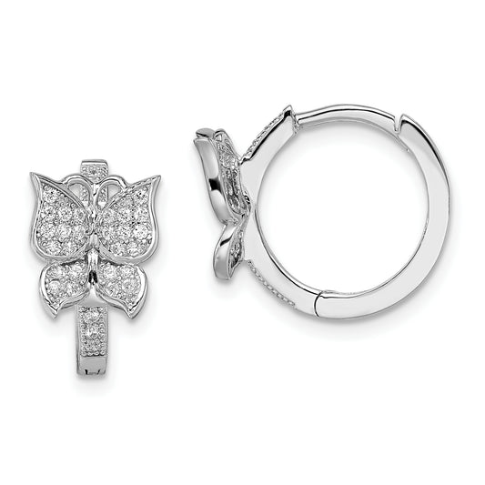 Sterling Silver Brilliant Embers Rhodium-Plated 64 Stone Micro Pav Cz Butterfly Hinged Hoop Earrings