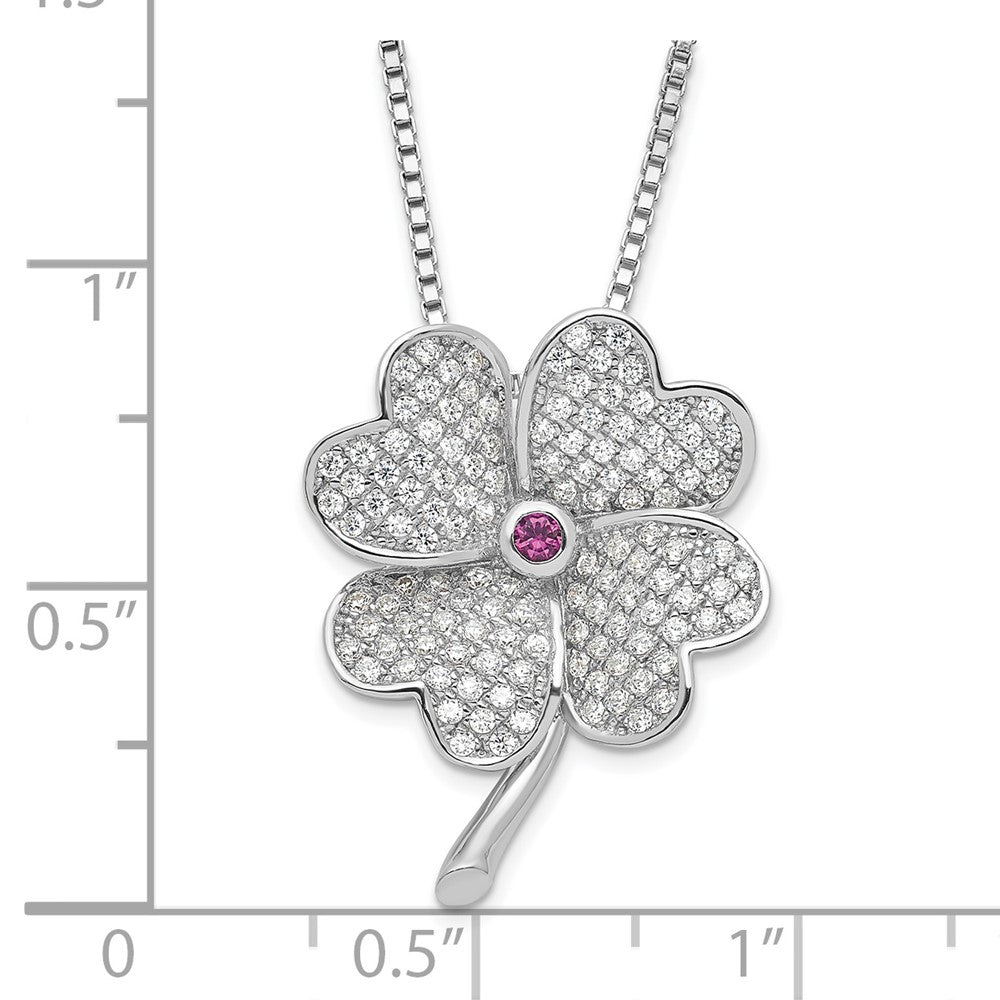 Sterling Silver Rhodium Cz & Red Corundum Four Leaf Clover Necklace