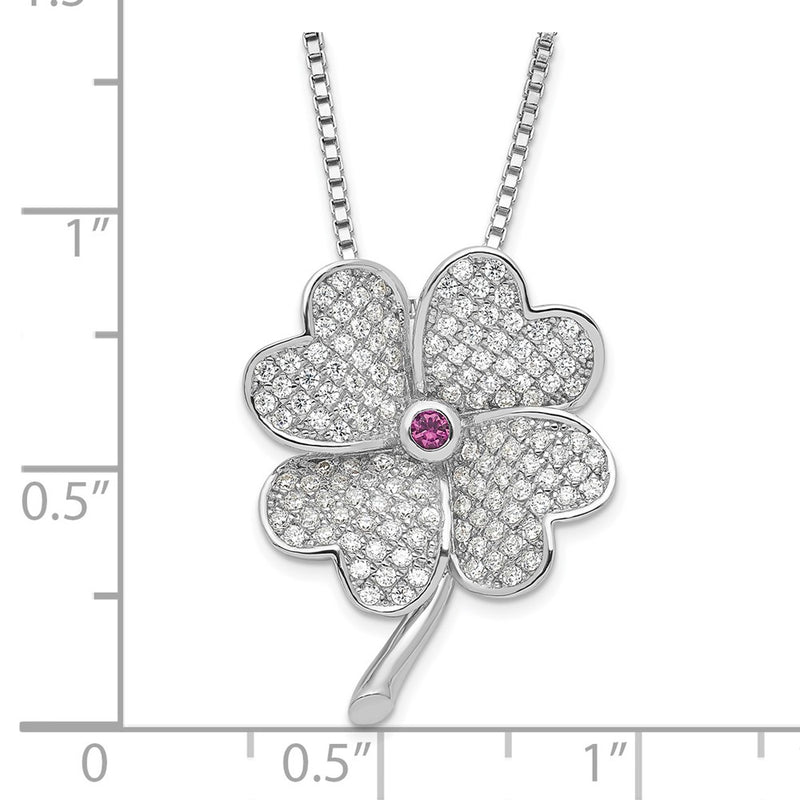 Sterling Silver Rhodium Cz & Red Corundum Four Leaf Clover Necklace