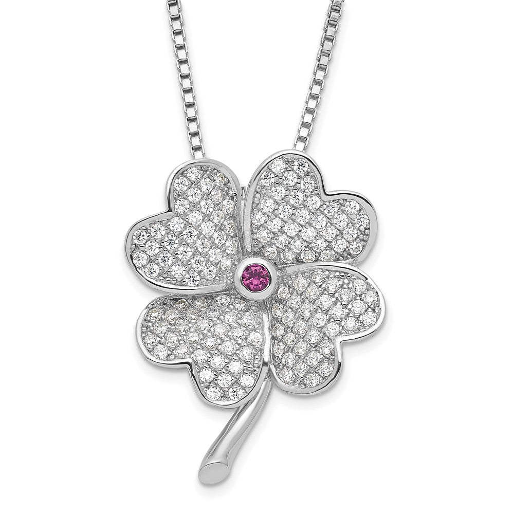 Sterling Silver Rhodium Cz & Red Corundum Four Leaf Clover Necklace