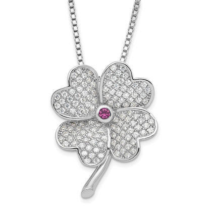 Sterling Silver Rhodium Cz & Red Corundum Four Leaf Clover Necklace