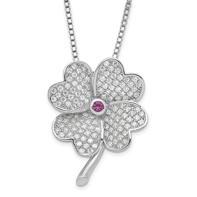 Sterling Silver Rhodium Cz & Red Corundum Four Leaf Clover Necklace