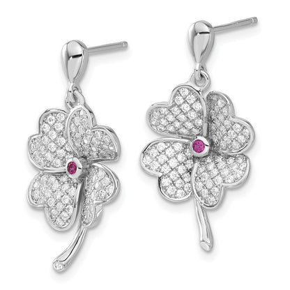 Sterling Silver Rhod-Plated Cz & Red Corundum Four Leaf Clover Earrings