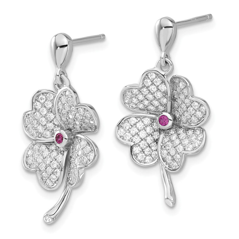 Sterling Silver Rhod-Plated Cz & Red Corundum Four Leaf Clover Earrings