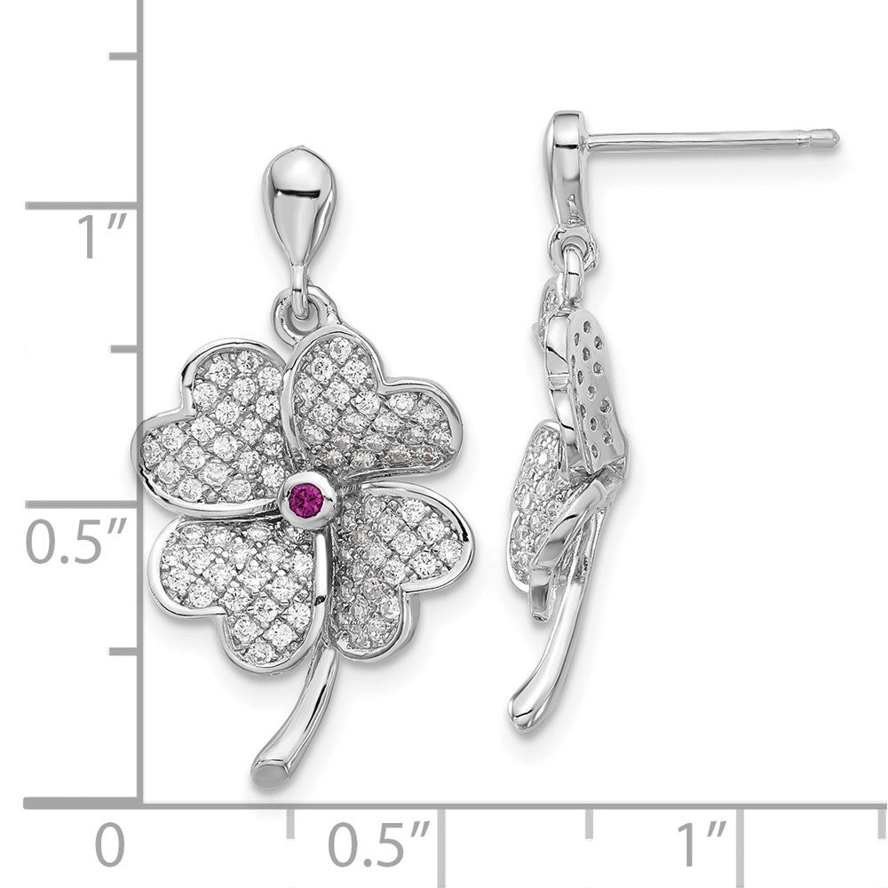Sterling Silver Rhod-Plated Cz & Red Corundum Four Leaf Clover Earrings