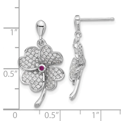 Sterling Silver Rhod-Plated Cz & Red Corundum Four Leaf Clover Earrings