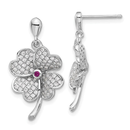 Sterling Silver Rhod-Plated Cz & Red Corundum Four Leaf Clover Earrings