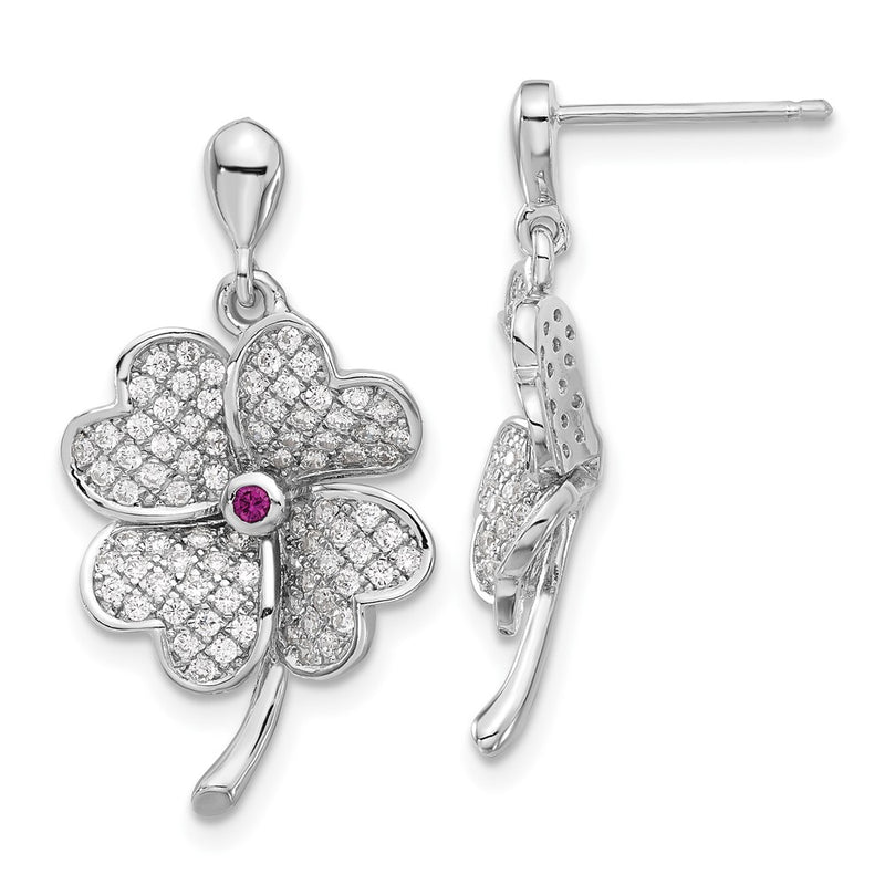 Sterling Silver Rhod-Plated Cz & Red Corundum Four Leaf Clover Earrings