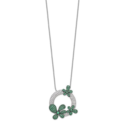 Sterling Silver Brilliant Embers Rhodium-Plated 327 Stone 18 Inch Micro Pav White And Green Cz Flower Necklace With 2 Extender