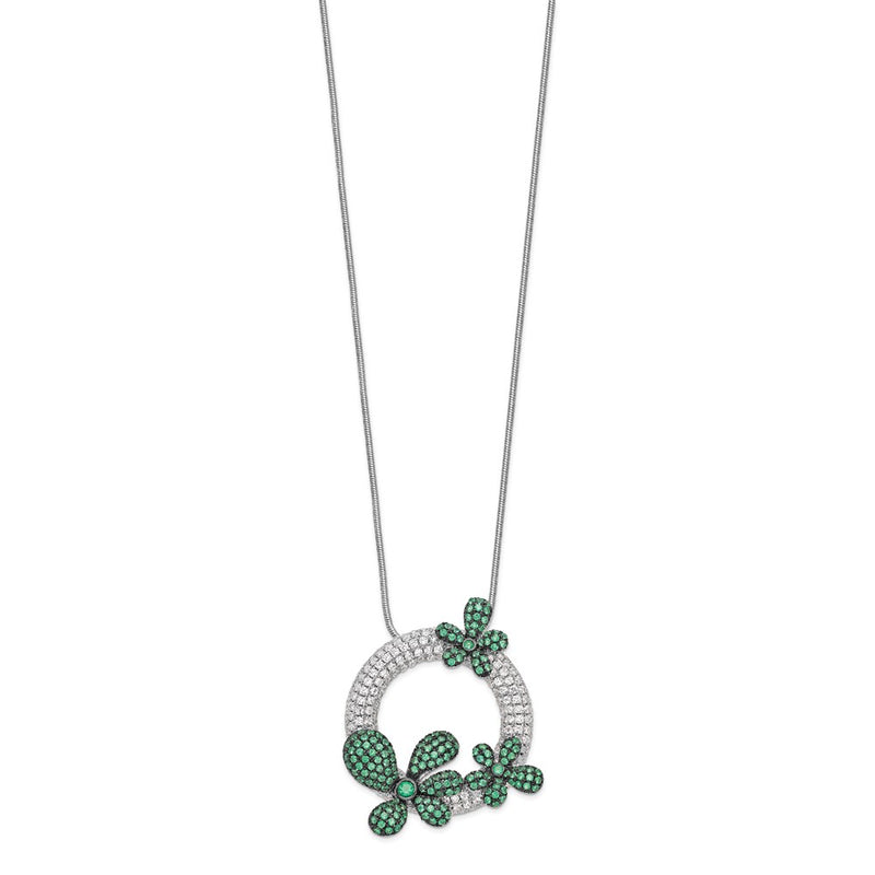 Sterling Silver Brilliant Embers Rhodium-Plated 327 Stone 18 Inch Micro Pav White And Green Cz Flower Necklace With 2 Extender
