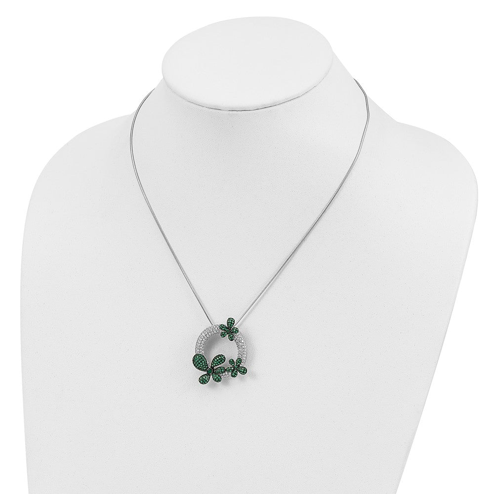 Sterling Silver Brilliant Embers Rhodium-Plated 327 Stone 18 Inch Micro Pav White And Green Cz Flower Necklace With 2 Extender